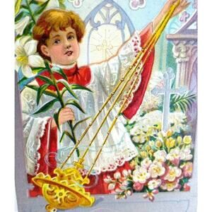 Easter Postcard Lily Series Embossed Flowers Choir Boy Swings Incense Vintage